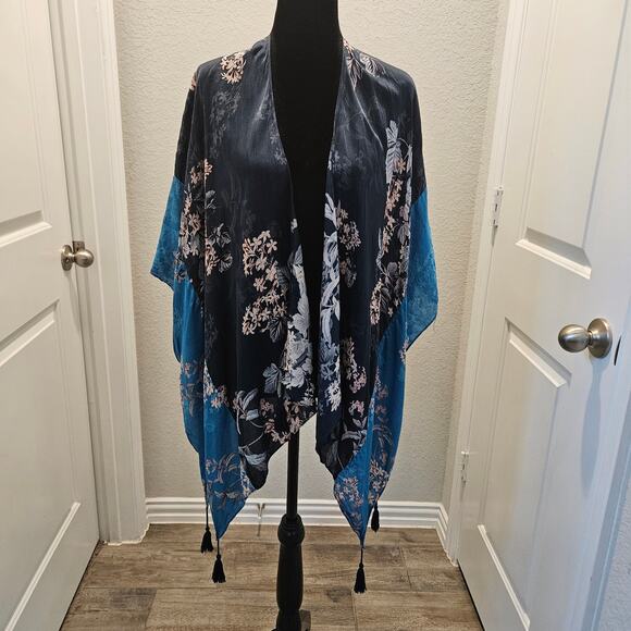 Kachel Anthropologie Jamie Kimono One Size Blue Floral Tassel Boho Resort Duster - Picture 3 of 14